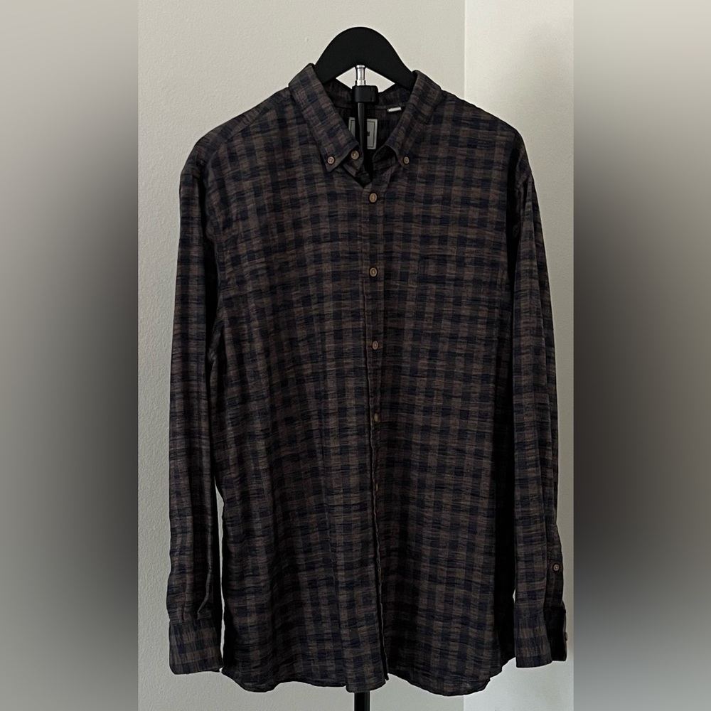 ✨ ROWM Men's Blue and Brown Long Sleeve Button-Up Shirt | XL